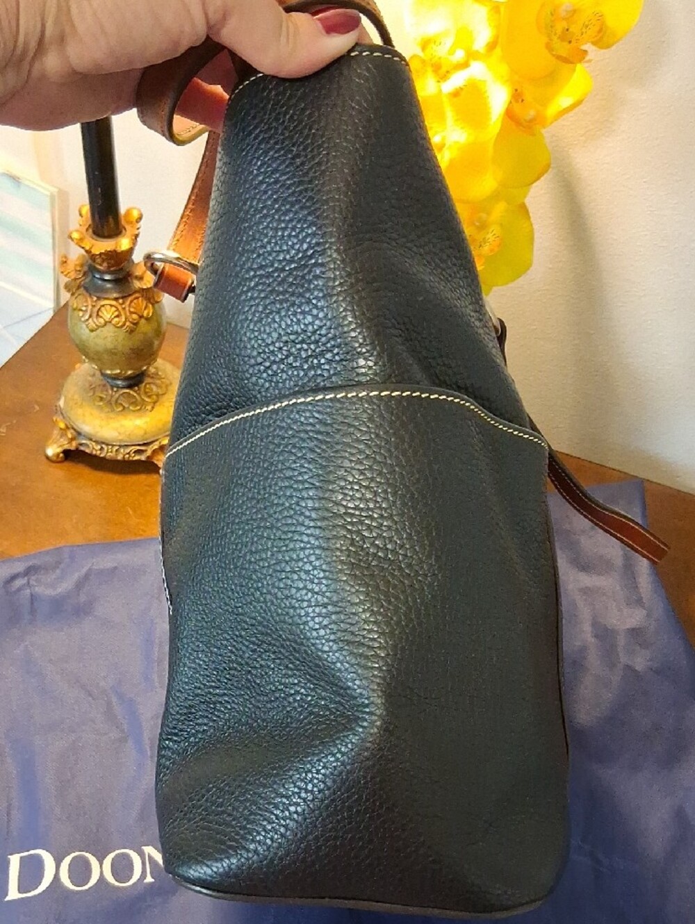 Dooney & Bourke Black Pebble Leather Tote with Brown Trim and Straps - Picture 7 of 16